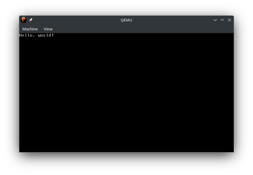 QEMU displaying Hello, world!